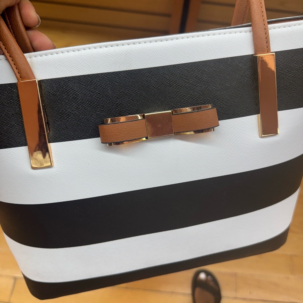 Classic Black and White Striped Tote with Leather Accents